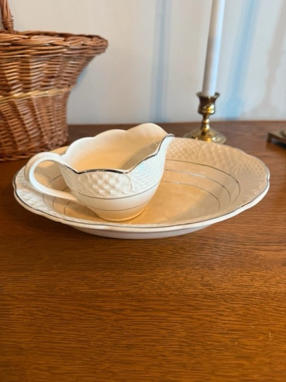 White Ceramic Gravy Boat with Silver Trim - Elegant Tabletop Serving